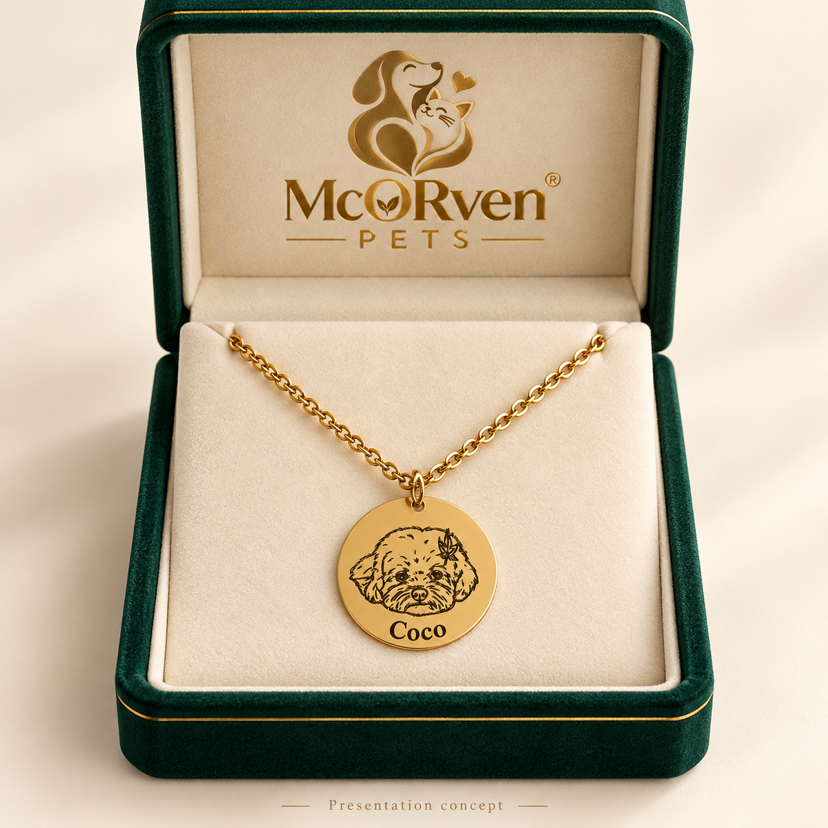Coco gold-tone portrait necklace in McORven Pets box — AI-assisted presentation concept; box not confirmed as included